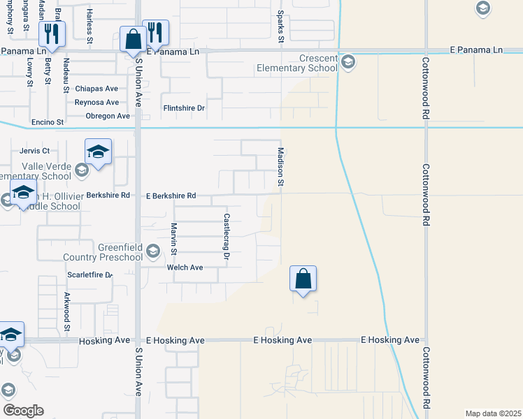 map of restaurants, bars, coffee shops, grocery stores, and more near 830 Berkshire Road in Bakersfield