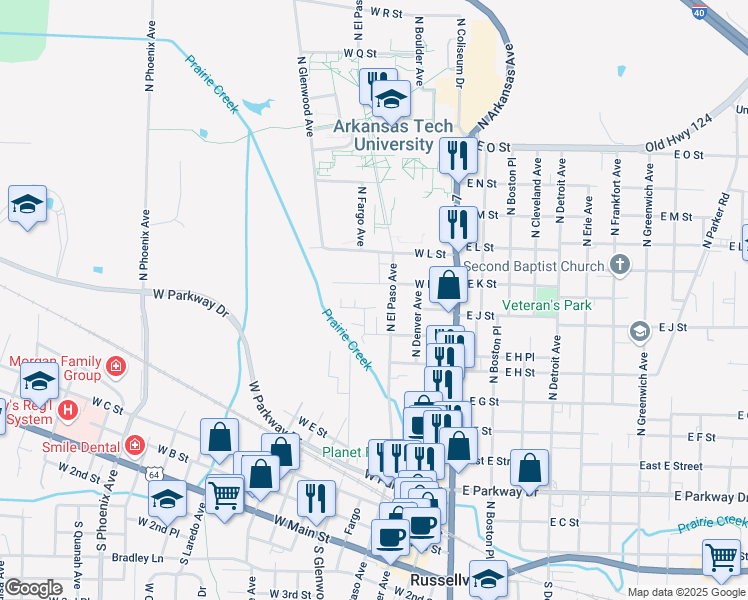 map of restaurants, bars, coffee shops, grocery stores, and more near 915 North El Paso Avenue in Russellville