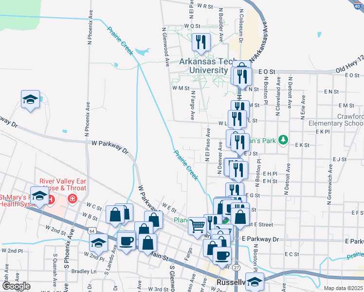 map of restaurants, bars, coffee shops, grocery stores, and more near 615 West J Street in Russellville