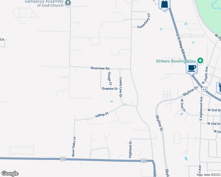 map of restaurants, bars, coffee shops, grocery stores, and more near 331 Osage Court in Russellville