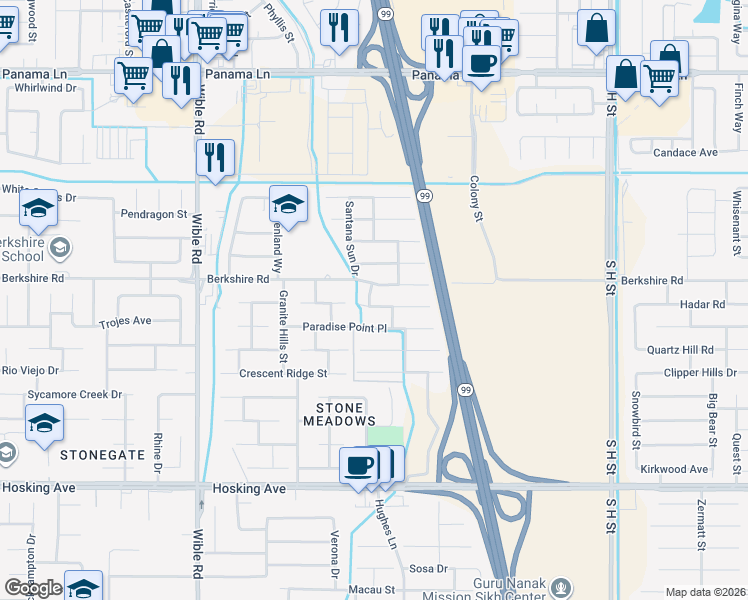 map of restaurants, bars, coffee shops, grocery stores, and more near 2521 Basque Hills Drive in Bakersfield
