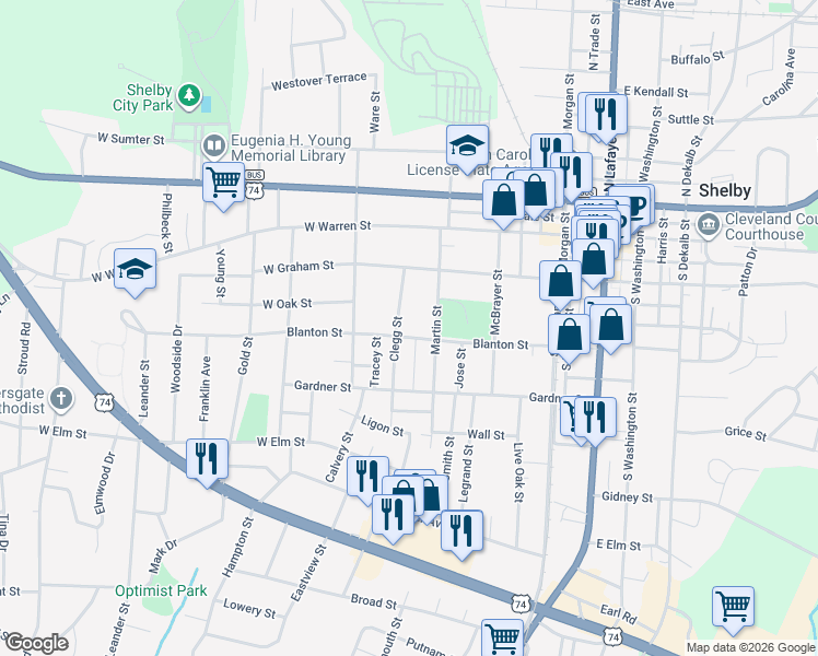 map of restaurants, bars, coffee shops, grocery stores, and more near 507 Blanton Street in Shelby