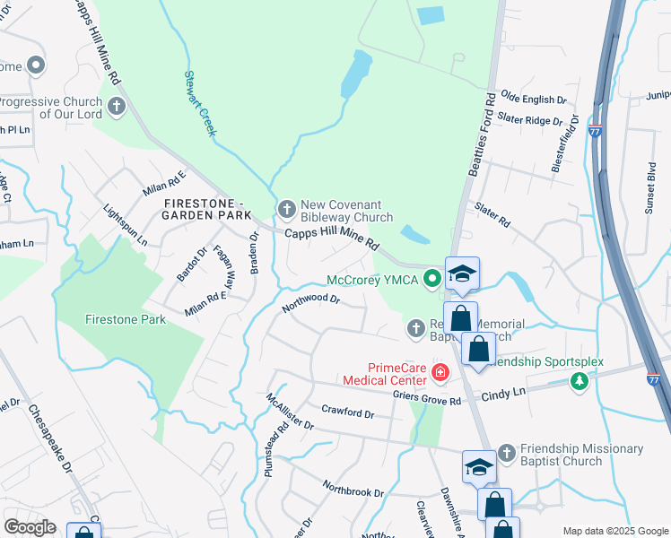 map of restaurants, bars, coffee shops, grocery stores, and more near 3629 Silver Ore Lane in Charlotte