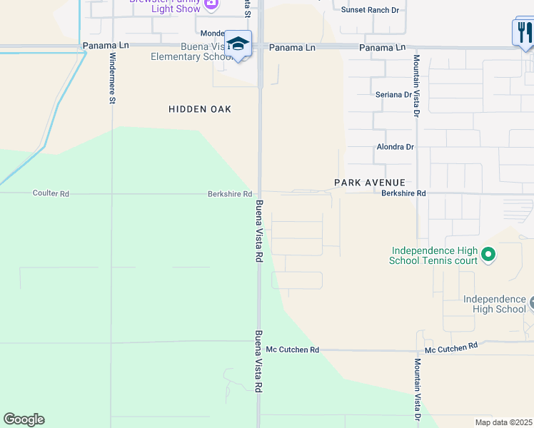 map of restaurants, bars, coffee shops, grocery stores, and more near 7730 Buena Vista Road in Bakersfield
