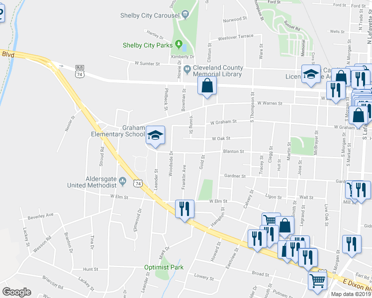 map of restaurants, bars, coffee shops, grocery stores, and more near 908 Blanton Street in Shelby