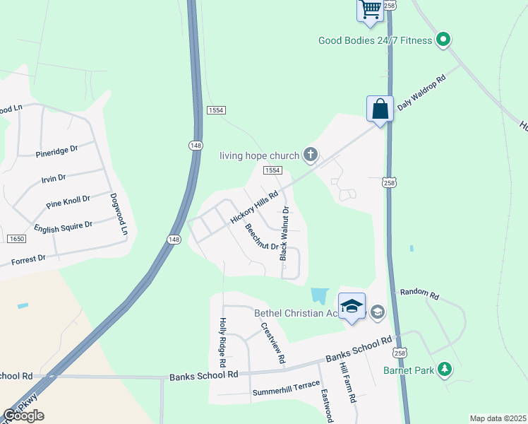 map of restaurants, bars, coffee shops, grocery stores, and more near 1885 Water Chestnut Drive in Kinston