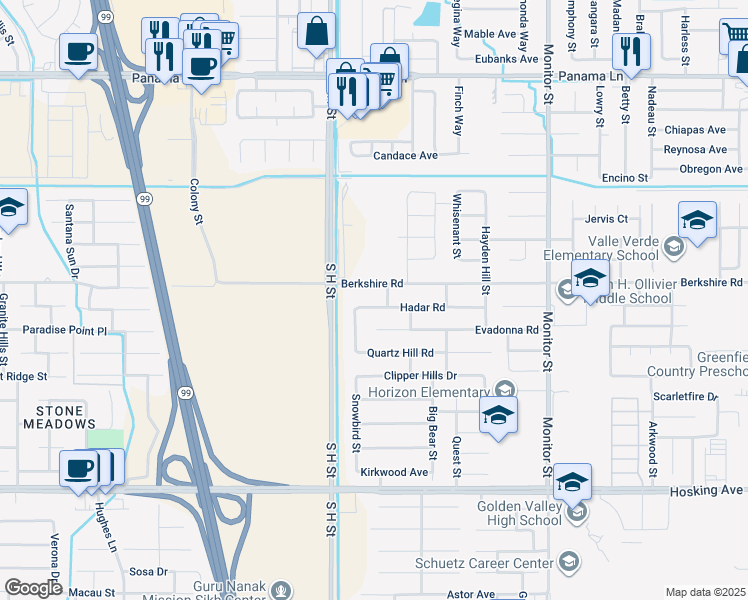 map of restaurants, bars, coffee shops, grocery stores, and more near 1505 Hadar Road in Bakersfield