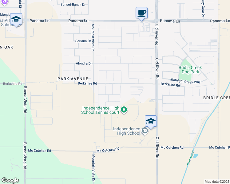 map of restaurants, bars, coffee shops, grocery stores, and more near 10128 McCutchen Road in Bakersfield