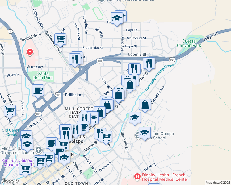 map of restaurants, bars, coffee shops, grocery stores, and more near 892 Grove Street in San Luis Obispo