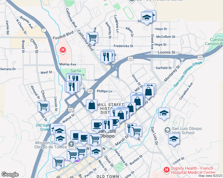 map of restaurants, bars, coffee shops, grocery stores, and more near 1371 Phillips Lane in San Luis Obispo