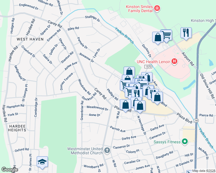 map of restaurants, bars, coffee shops, grocery stores, and more near 907-909 Phillips Road in Kinston