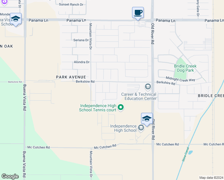 map of restaurants, bars, coffee shops, grocery stores, and more near 7318 Chetco River Street in Bakersfield