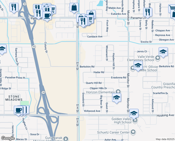 map of restaurants, bars, coffee shops, grocery stores, and more near 1505 Hadar Road in Bakersfield