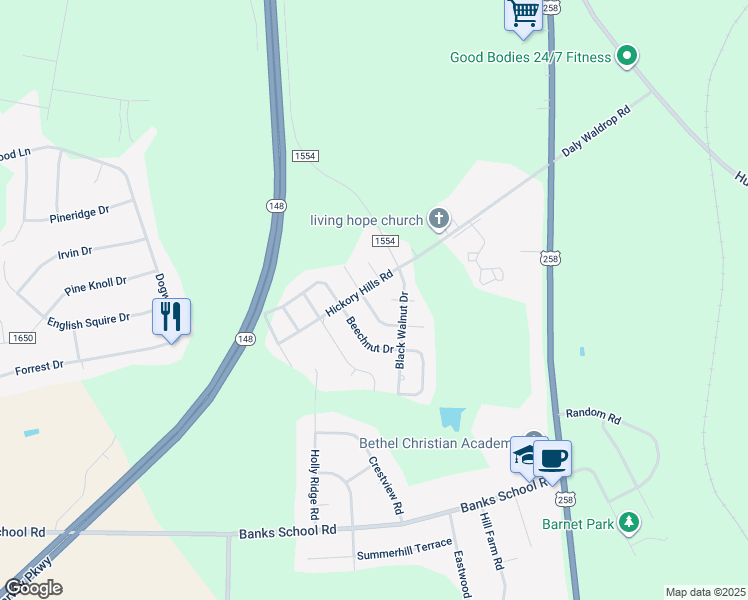 map of restaurants, bars, coffee shops, grocery stores, and more near 1885 Water Chestnut Drive in Kinston