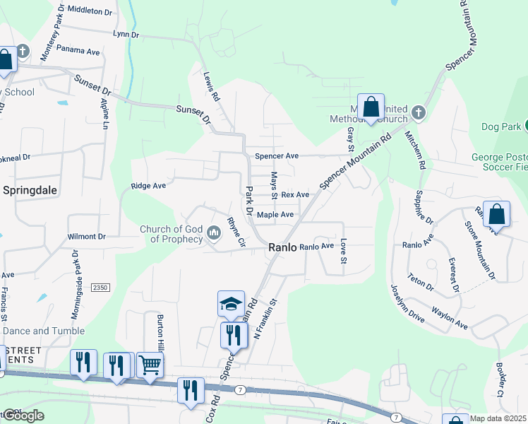 map of restaurants, bars, coffee shops, grocery stores, and more near 26 Maple Avenue in Gastonia