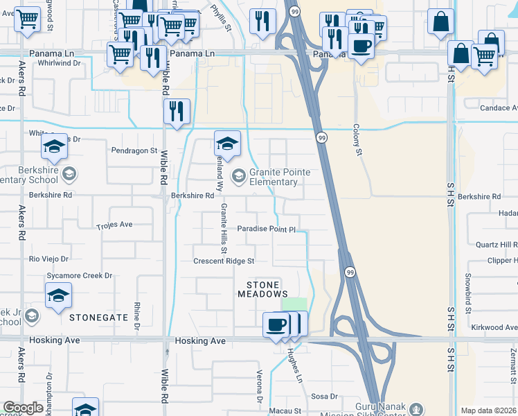map of restaurants, bars, coffee shops, grocery stores, and more near 2716 Silver Shore Lane in Bakersfield
