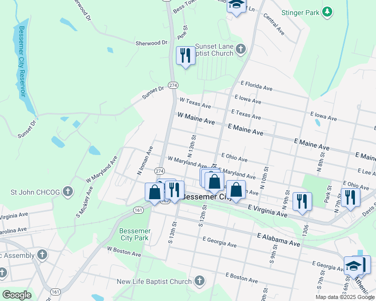 map of restaurants, bars, coffee shops, grocery stores, and more near 122 West Maryland Avenue in Bessemer City