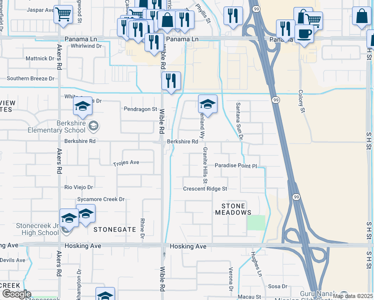 map of restaurants, bars, coffee shops, grocery stores, and more near 3104 Boulder Ridge Lane in Bakersfield