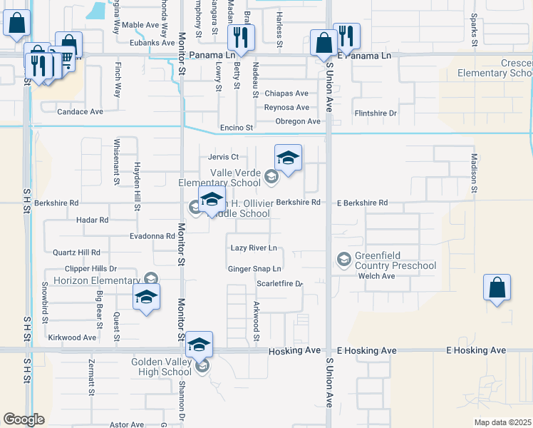 map of restaurants, bars, coffee shops, grocery stores, and more near 400 Minnatree Lane in Bakersfield