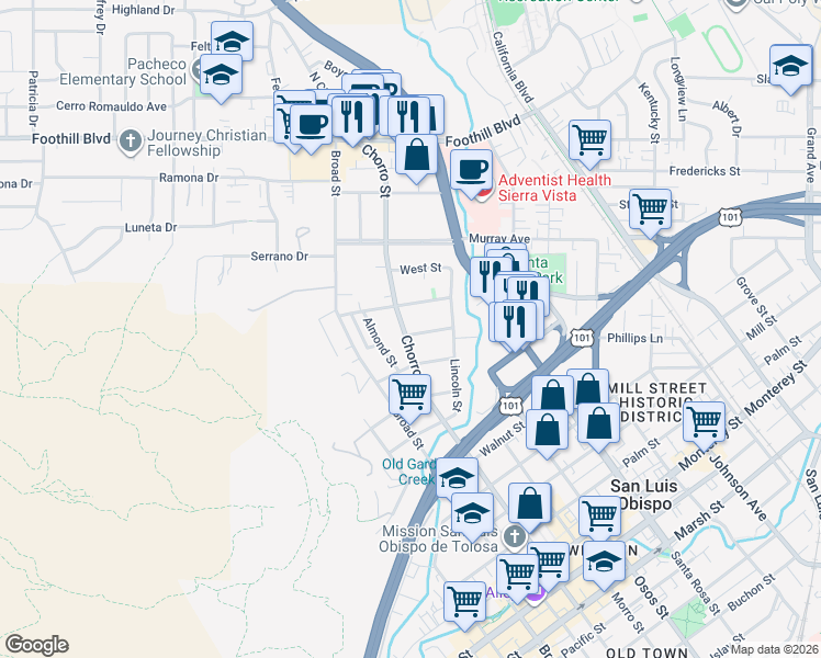 map of restaurants, bars, coffee shops, grocery stores, and more near 265 Chorro Street in San Luis Obispo