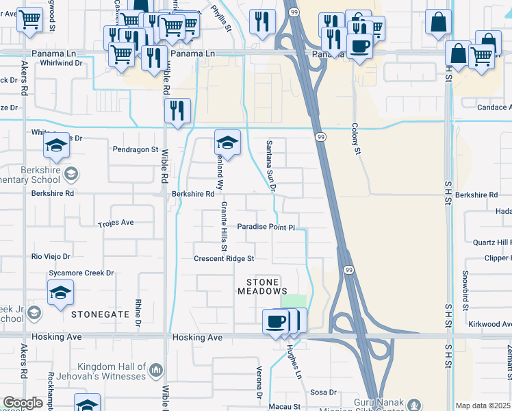 map of restaurants, bars, coffee shops, grocery stores, and more near 2802 Silver Shore Lane in Bakersfield