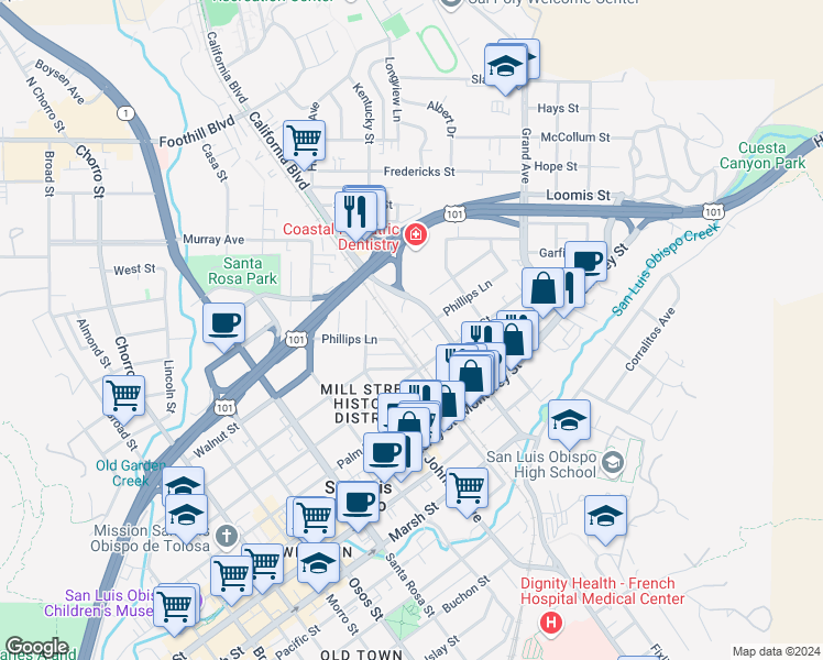 map of restaurants, bars, coffee shops, grocery stores, and more near 1428 Phillips Lane in San Luis Obispo