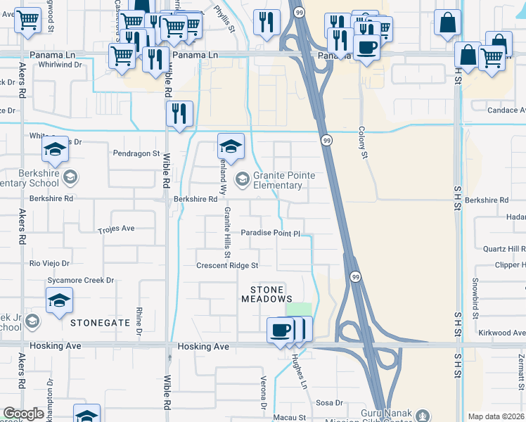 map of restaurants, bars, coffee shops, grocery stores, and more near 2701 Silver Shore Lane in Bakersfield