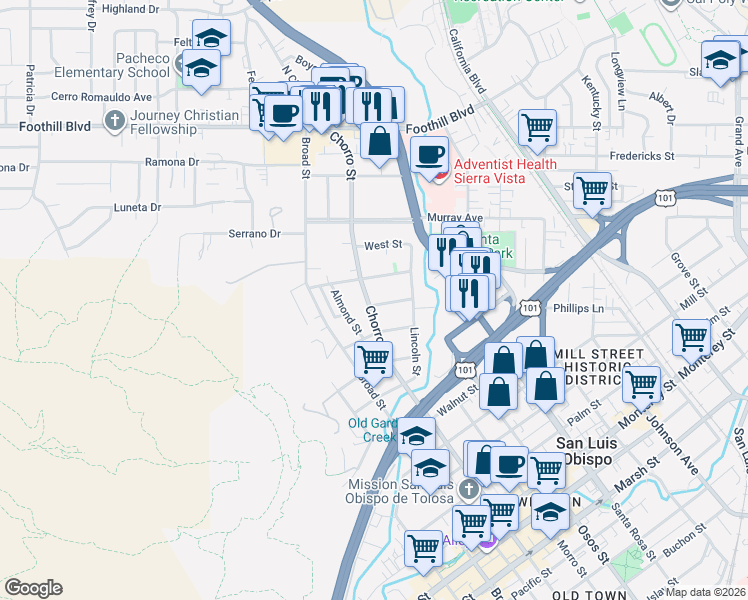 map of restaurants, bars, coffee shops, grocery stores, and more near 246 Chorro Street in San Luis Obispo