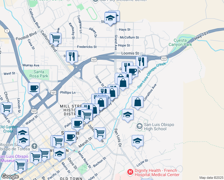 map of restaurants, bars, coffee shops, grocery stores, and more near 892 Grove Street in San Luis Obispo