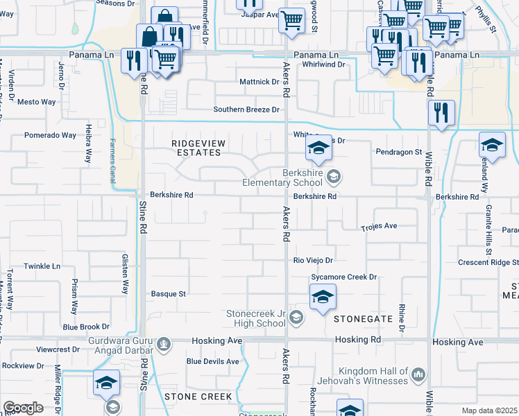 map of restaurants, bars, coffee shops, grocery stores, and more near 4212 Serene Oak Drive in Bakersfield