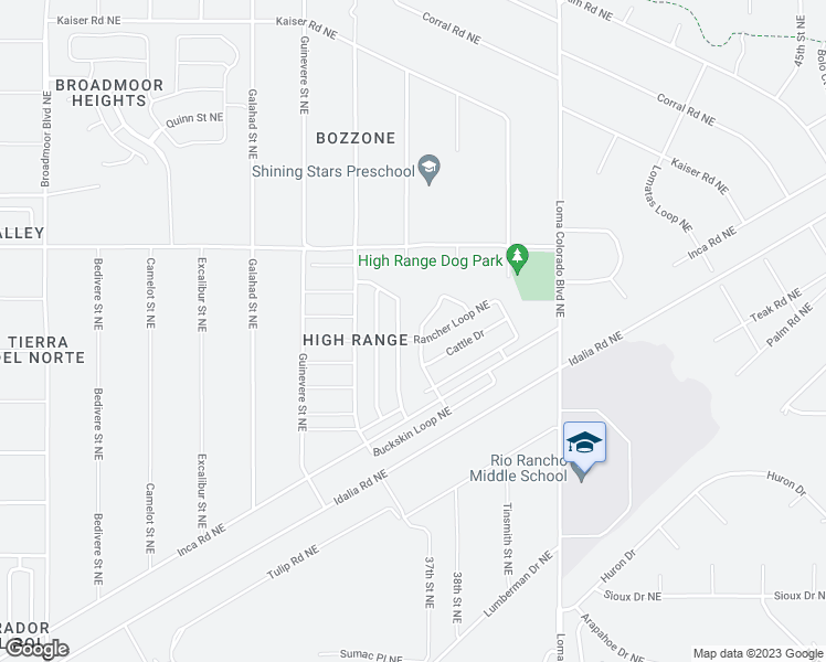 map of restaurants, bars, coffee shops, grocery stores, and more near 1813 Round Up Drive Northeast in Rio Rancho