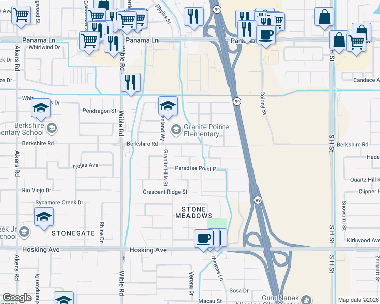 map of restaurants, bars, coffee shops, grocery stores, and more near 2701 Silver Shore Lane in Bakersfield