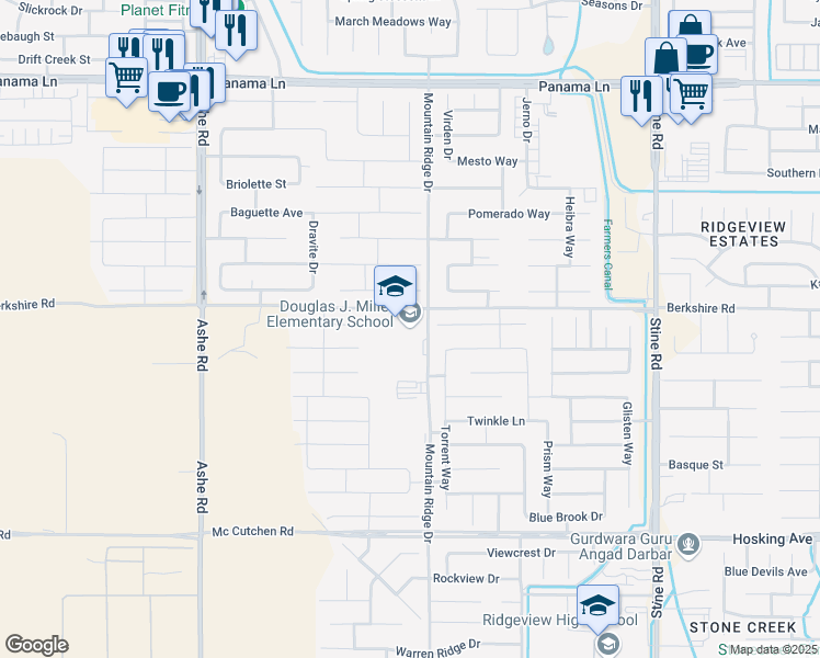 map of restaurants, bars, coffee shops, grocery stores, and more near 7345 Mountain Ridge Drive in Bakersfield