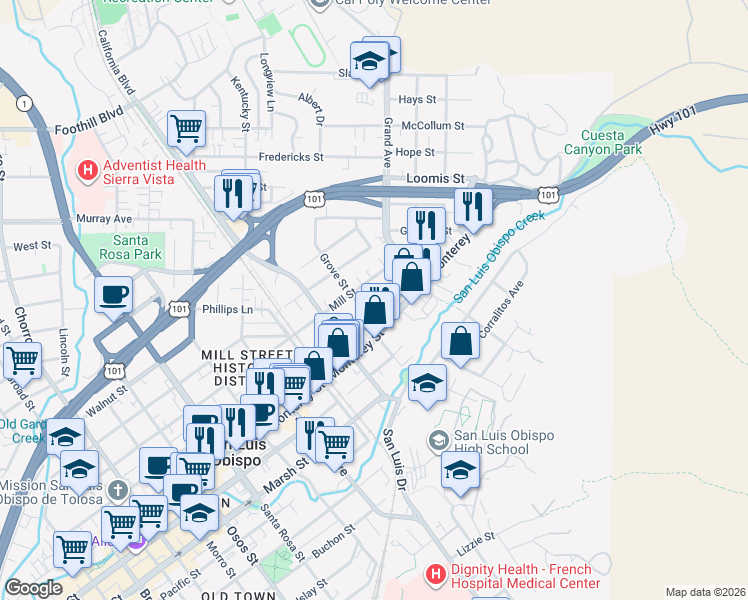 map of restaurants, bars, coffee shops, grocery stores, and more near 892 Grove Street in San Luis Obispo
