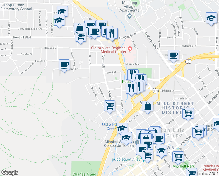 map of restaurants, bars, coffee shops, grocery stores, and more near 265 Chorro Street in San Luis Obispo