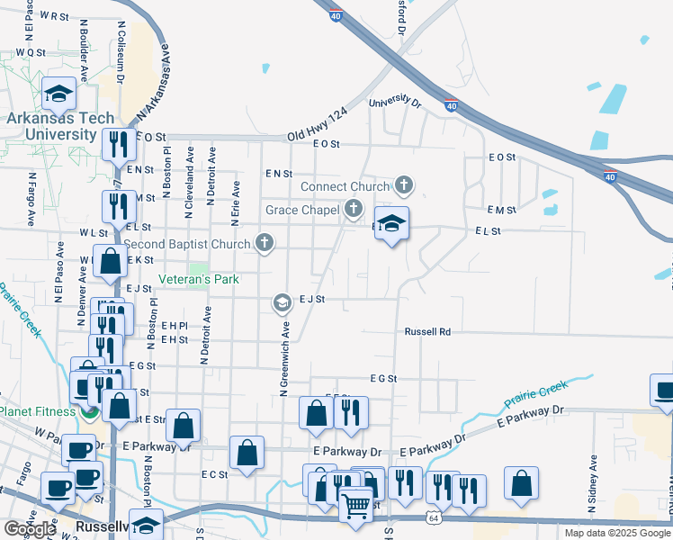 map of restaurants, bars, coffee shops, grocery stores, and more near 1016 East J Street in Russellville