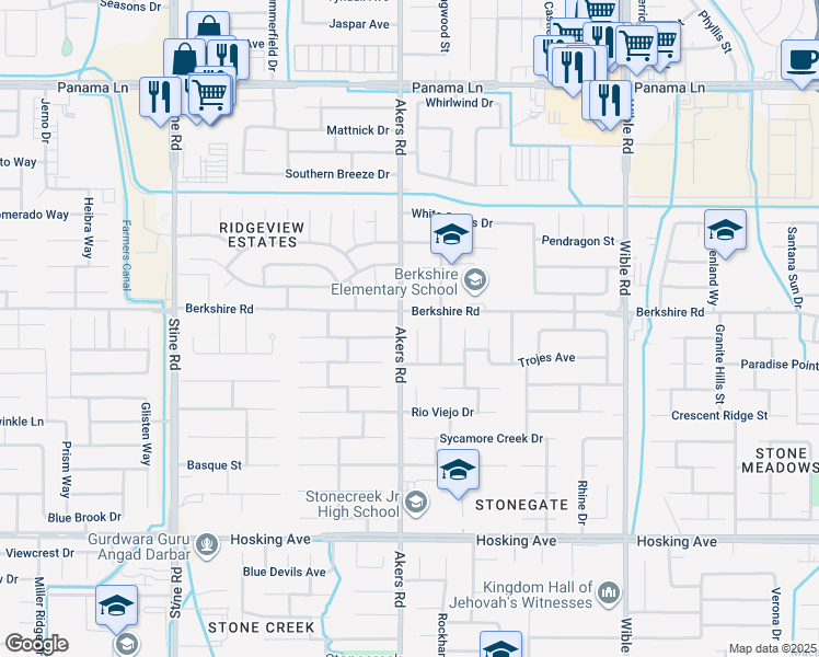 map of restaurants, bars, coffee shops, grocery stores, and more near 7311 Senalda Court in Bakersfield