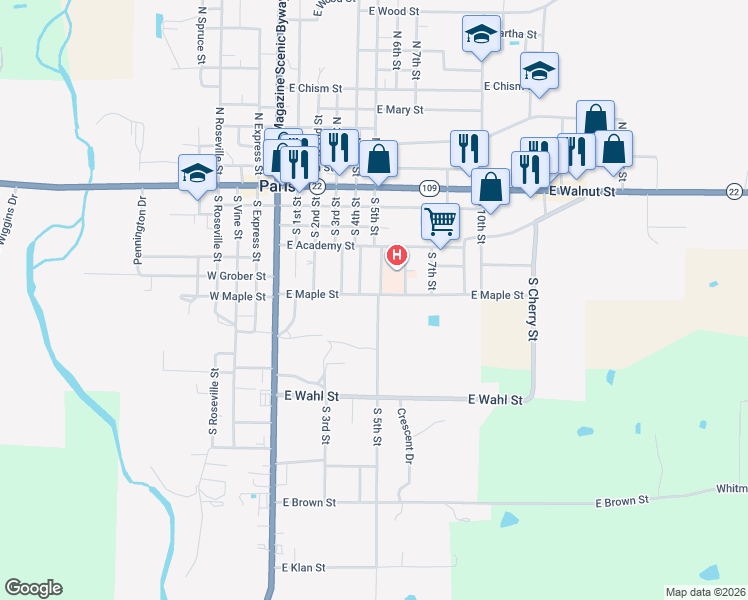 map of restaurants, bars, coffee shops, grocery stores, and more near 606 South 5th Street in Paris
