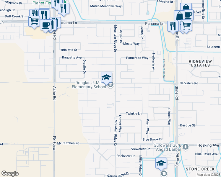map of restaurants, bars, coffee shops, grocery stores, and more near 7345 Mountain Ridge Drive in Bakersfield