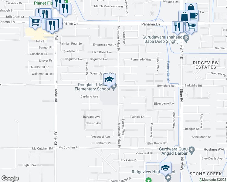 map of restaurants, bars, coffee shops, grocery stores, and more near 7345 Mountain Ridge Drive in Bakersfield