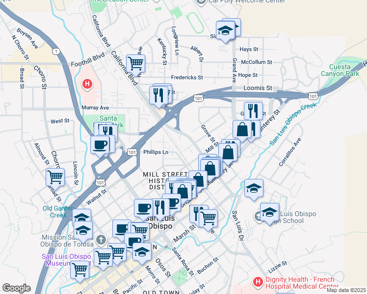 map of restaurants, bars, coffee shops, grocery stores, and more near 1428 Phillips Lane in San Luis Obispo