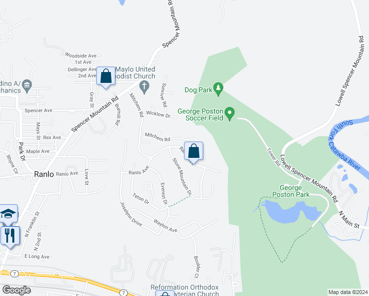 map of restaurants, bars, coffee shops, grocery stores, and more near 233 Ranlo Avenue in Gastonia