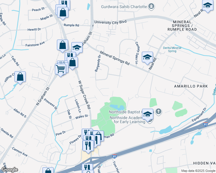 map of restaurants, bars, coffee shops, grocery stores, and more near 1706 Blandford Drive in Charlotte