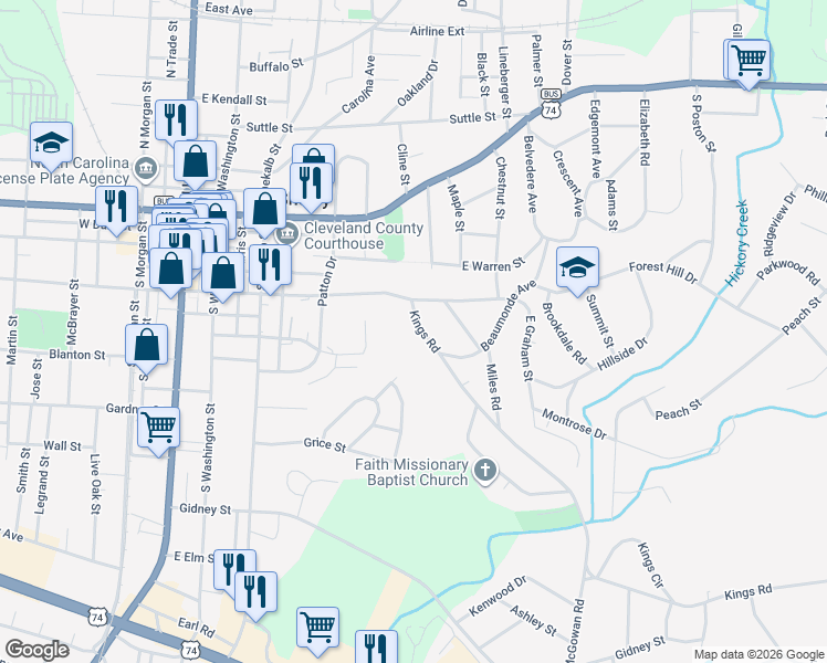 map of restaurants, bars, coffee shops, grocery stores, and more near 516 Kings Road in Shelby