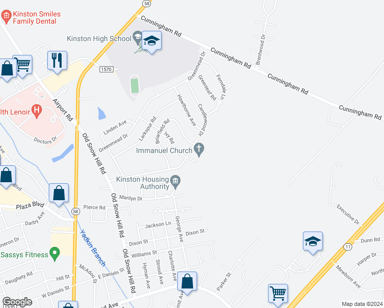 map of restaurants, bars, coffee shops, grocery stores, and more near 803 Candlewood Drive in Kinston