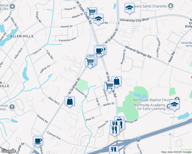map of restaurants, bars, coffee shops, grocery stores, and more near 5411 Dutchess Street in Charlotte