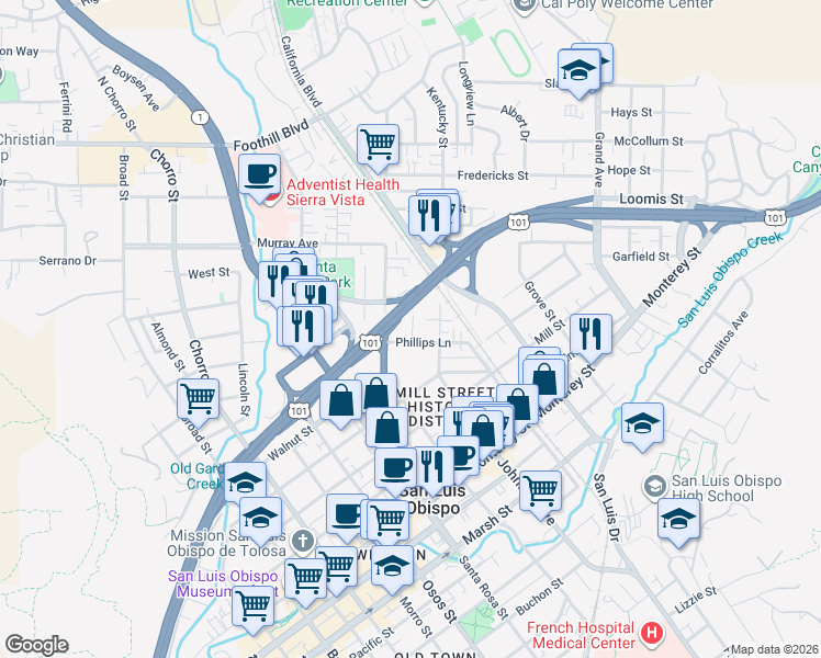 map of restaurants, bars, coffee shops, grocery stores, and more near 721 Johnson Avenue in San Luis Obispo