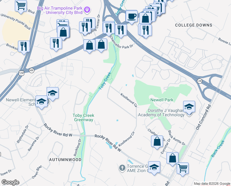 map of restaurants, bars, coffee shops, grocery stores, and more near in Charlotte