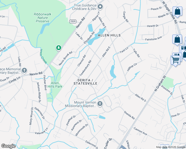 map of restaurants, bars, coffee shops, grocery stores, and more near 4921 Churchill Drive in Charlotte
