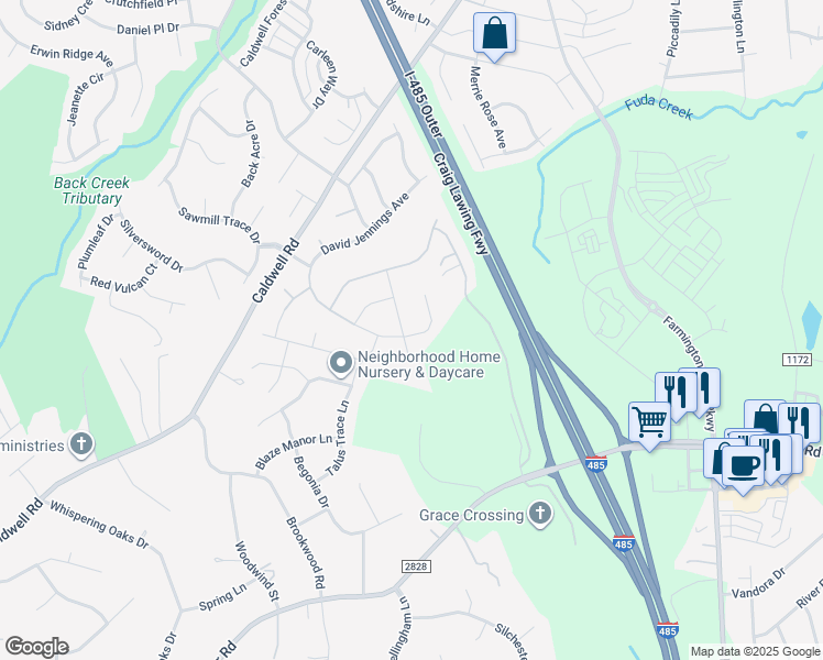 map of restaurants, bars, coffee shops, grocery stores, and more near 5602 Joshua Cain Road in Charlotte